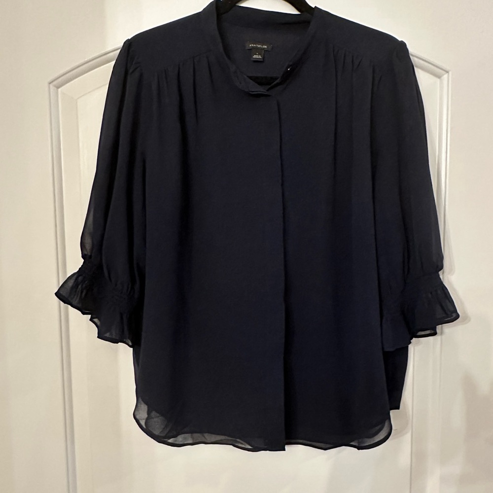 Ann Taylor Navy Chiffon Ruffled Sleeve Blouse